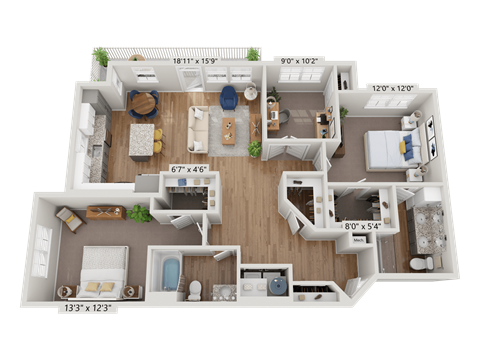Floor plan for 2 beds, 2 baths, 1330 sqft